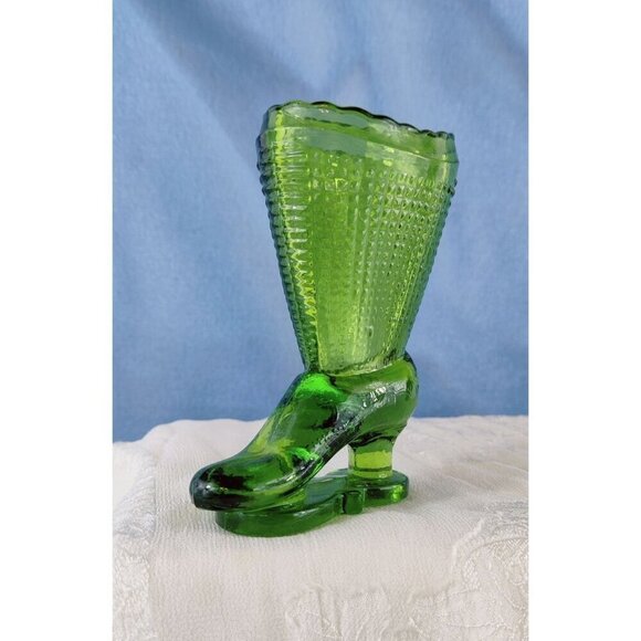 LE Smith Ice Skate Boots Pair Green Pressed Glass Vase Toothpick Holder 3.5" MCM - Picture 5 of 12